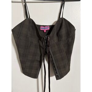 Edikted Brown Plaid Corset Crop Top Hook Eye Front Tie Strappy Womens Small